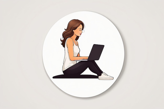 logotipo de pegatina minimalista mujer o hombre sentado en una computadora portátil estilo simple lindo dibujos animados fondo blanco