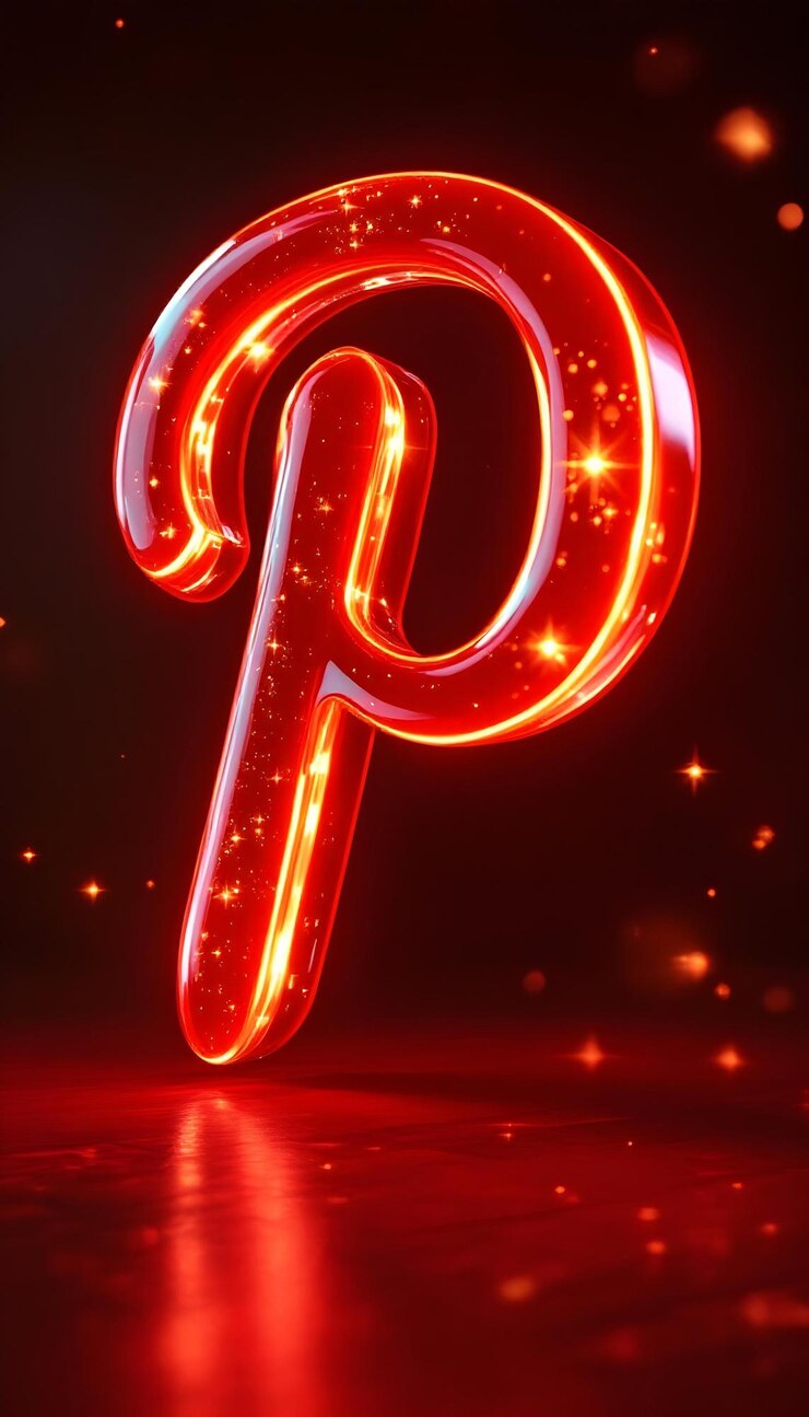 Foto logotipo de pinterest rojo brillante render 3d con efectos de chispas luz roja intensa y fondo oscuro