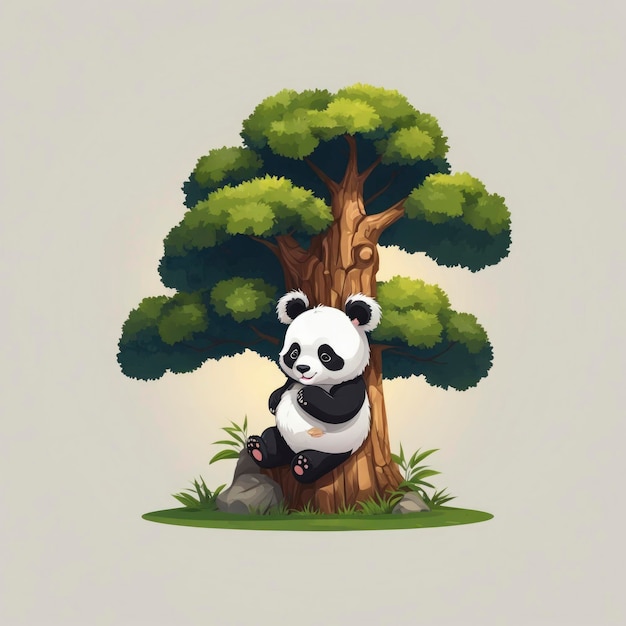 Logotipo plano de desenho animado de panda adorável empoleirado em uma árvore Ilustração vetorial