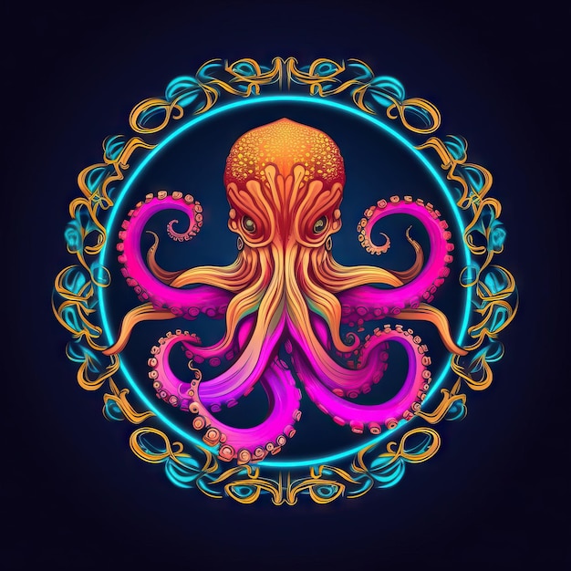 Logotipo de pulpo de neón con marco de corona dorada en fondo oscuro generado por la IA