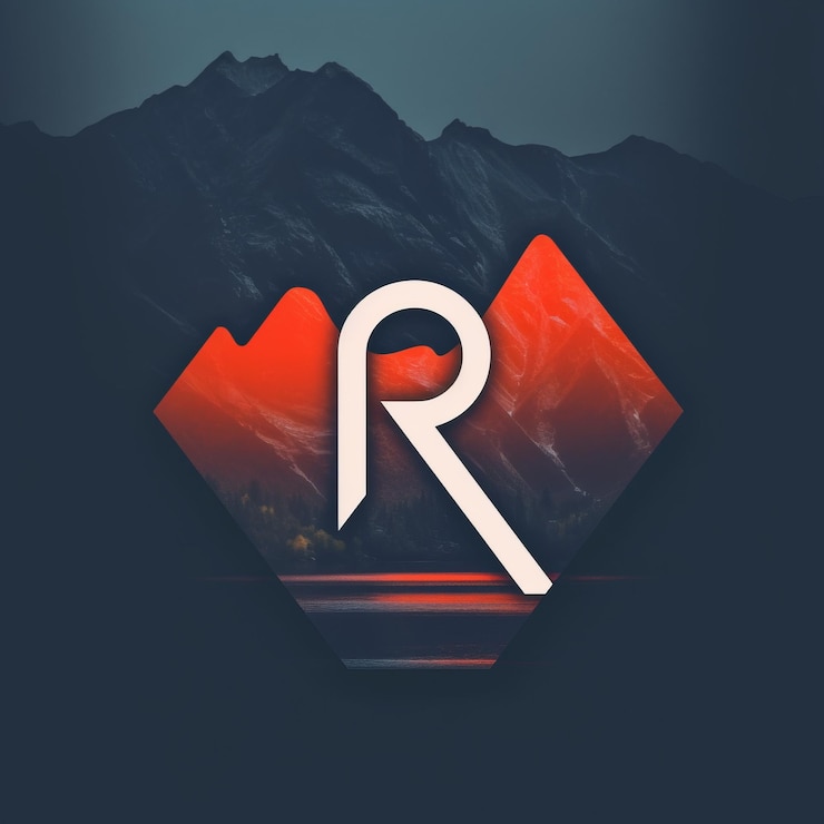 Foto logotipo r minimalista con paisaje de montaña y fugas de luz