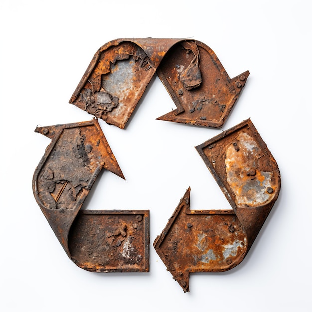 Logotipo de reciclaje hecho con metal oxidado aislado sobre fondo blanco o transparente