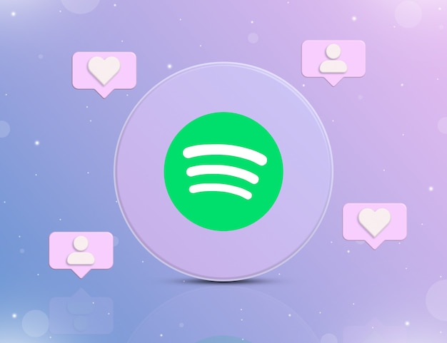 Logotipo de la red social de Spotify con iconos de notificación de nuevos me gusta y seguidores en 3d