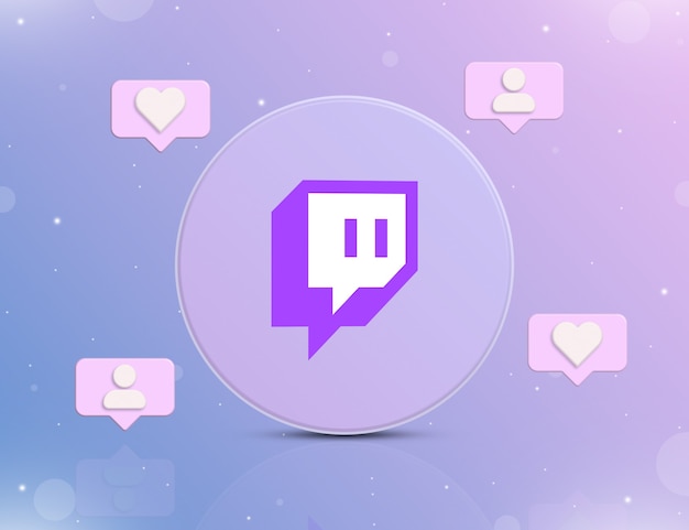 Logotipo de la red social Twitch con iconos de notificación de nuevos me gusta y seguidores en 3d