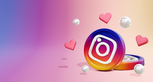 Logotipo de redes sociales de Instagram 3D con modelo de moneda e icono de amor