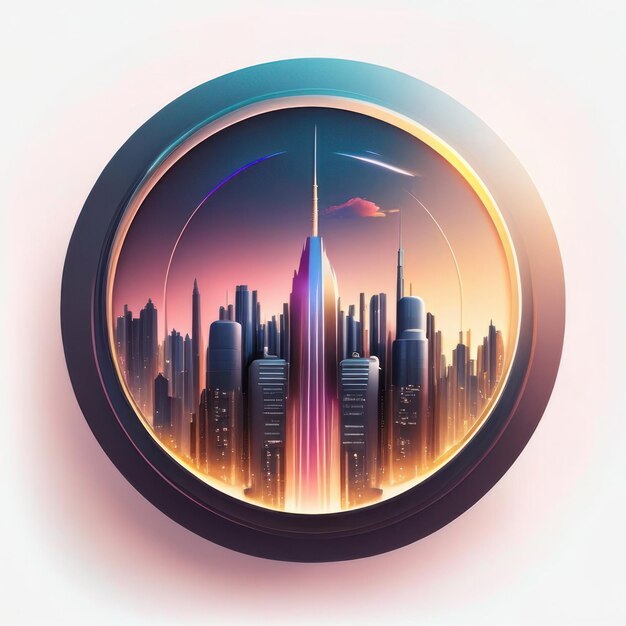 Logotipo redondo com cidade futurista em cores suaves IA gerativa