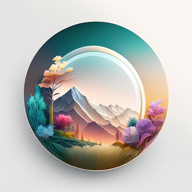 Logotipo redondo com natureza com plantas e montanhas em cores suaves IA generativa