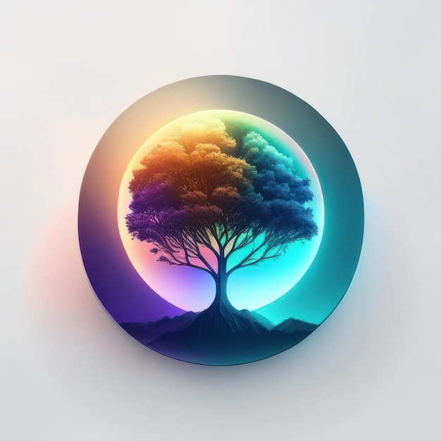 Logotipo redondo moderno con árbol futurista en colores suaves IA generativa