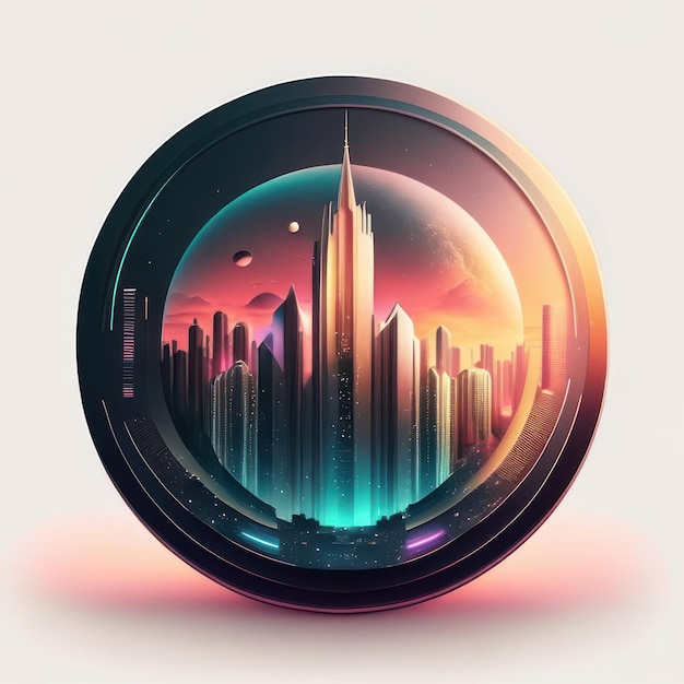 Logotipo redondo moderno con ciudad futurista en colores suaves IA generativa