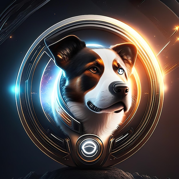 Logotipo redondo moderno com cachorro e detalhes em dourado e luz no fundo Generative AI