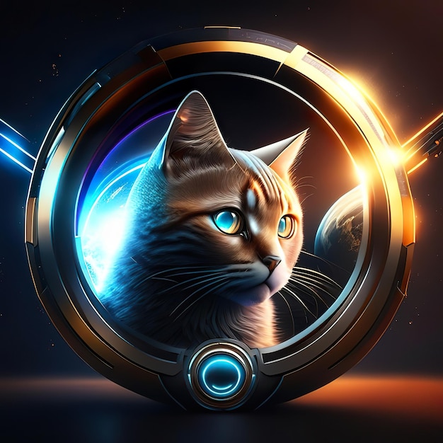 Logotipo redondo moderno com gato e detalhes em dourado e luz no fundo Generative AI
