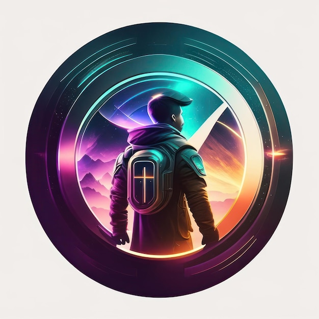 Logotipo redondo moderno com homem futurista em cores suaves e luz de fundo IA generativa