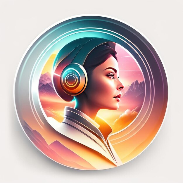 Foto logotipo redondo moderno com mulher futurista em cores suaves e luz de fundo ia generativa