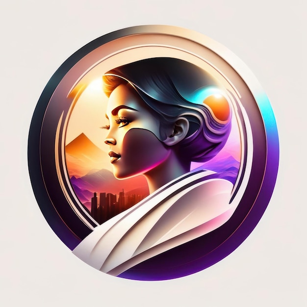 Foto logotipo redondo moderno con una mujer futurista en colores suaves y luz de fondo ia generativa