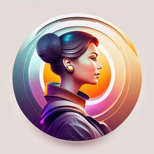 Foto logotipo redondo moderno con una mujer futurista en colores suaves y luz de fondo ia generativa