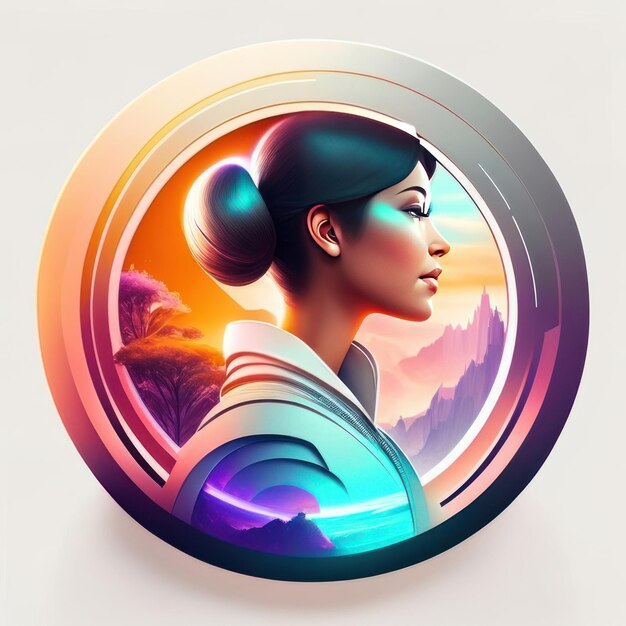 Foto logotipo redondo moderno con una mujer futurista en colores suaves y luz de fondo ia generativa