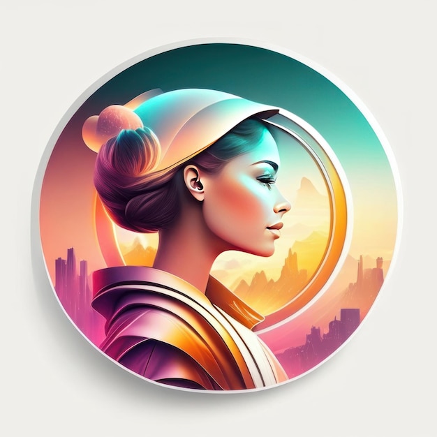 Logotipo redondo moderno con una mujer futurista en colores suaves y luz de fondo IA generativa