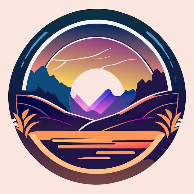Logotipo redondo con naturaleza con plantas y montañas en colores suaves IA generativa