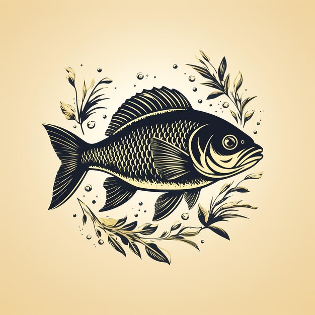 Logotipo de un restaurante de pescado o tienda de pescado, concepto de menú de comida mediterránea y saludable, anuncios de mariscos