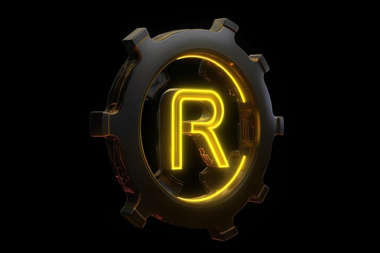 Foto logotipo de riesgo biológico futurista amarillo letra r en un fondo negro el logotipo tiene el estilo rápido