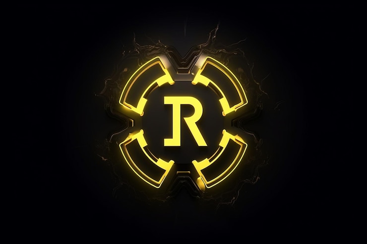 Foto logotipo de riesgo biológico futurista amarillo letra r en un fondo negro el logotipo tiene el estilo rápido