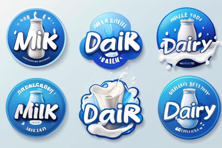 Foto logotipo de salpicaduras de leche insignias de marca de productos lácteos sticker de bebidas naturales con gotas saludable
