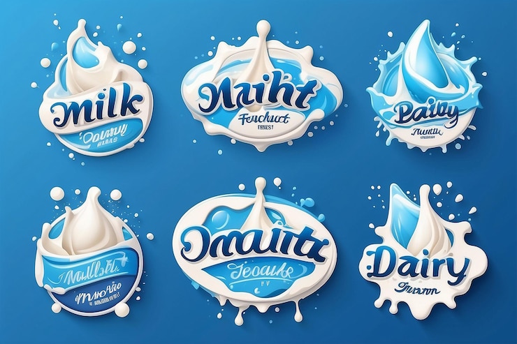 Foto logotipo de salpicaduras de leche insignias de marca de productos lácteos sticker de bebidas naturales con gotas saludable