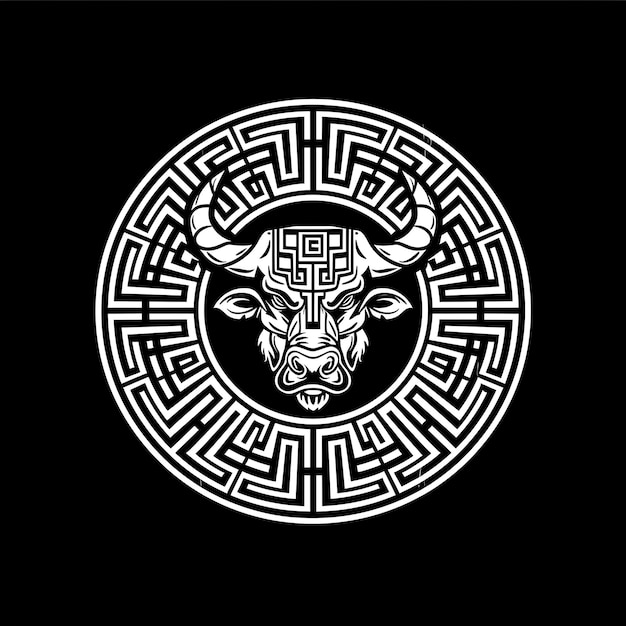 El logotipo del sello del laberinto heroico del Minotauro con la cabeza de un Minotaurio Su diseño creativo del logotipo del tatuaje