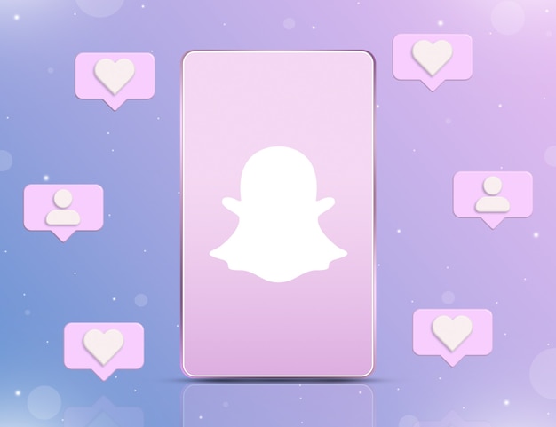 Logotipo de Snapchat en la pantalla del teléfono con iconos de notificación de nuevos me gusta y seguidores en 3d