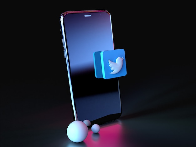 Logotipo de Twitter sobre el icono de teléfono inteligente 3D Premium Photo 3D Glossy Matte Rendering