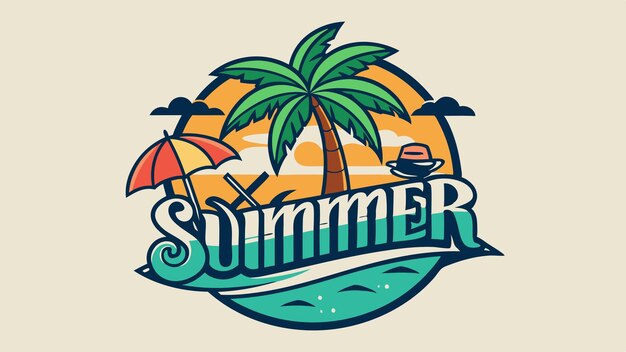 un logotipo para las vacaciones de verano con palmeras y una playa en la parte superior