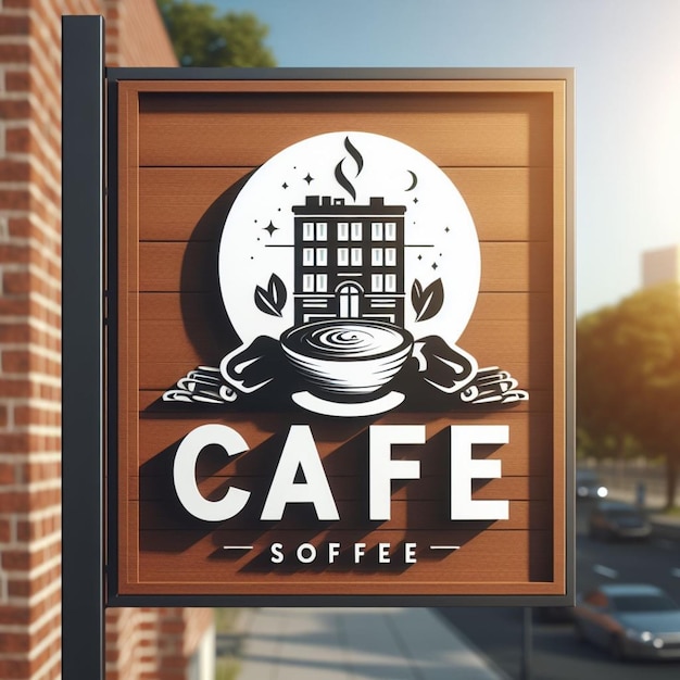 Foto logotipo vacío moderno ubicado en un cartel afuera de un edificio de ladrillo en una mañana soleada