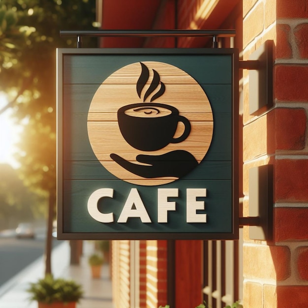 Foto logotipo vazio moderno de localizado em um sinal do lado de fora de um edifício de tijolos em uma manhã ensolarada