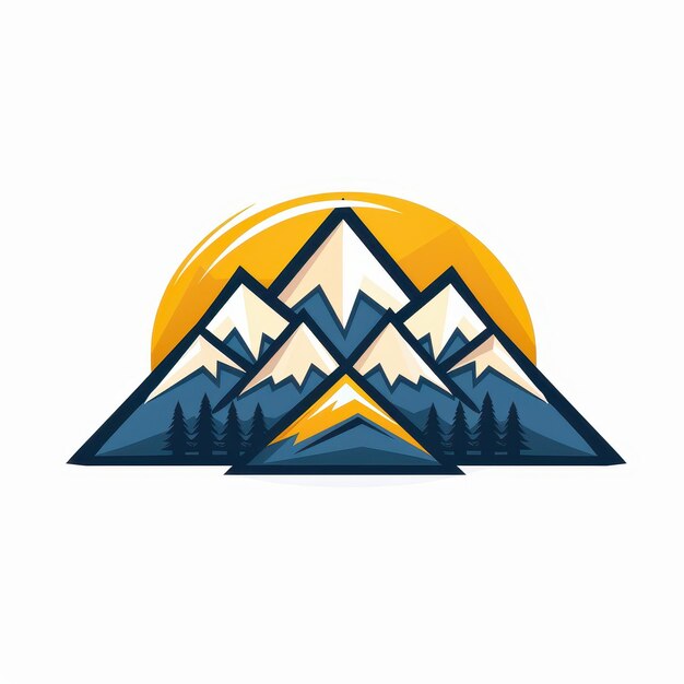 Logotipo vectorial plano con un paisaje montañoso con luz solar y árboles