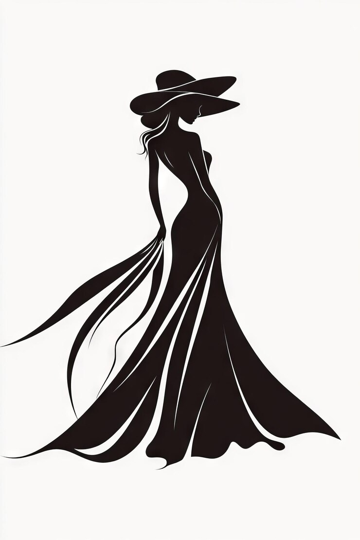 logotipo vectorial simple fondo blanco negro y blanco mujer hermosa en vestido largo con sombrero de borde ancho