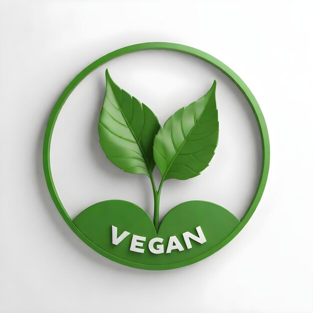 Un logotipo vegano verde con dos hojas dentro de un círculo sobre un fondo blanco