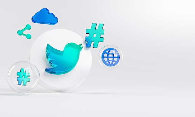 Foto logotipo de vidrio acrílico de twitter e iconos de redes sociales copie el espacio 3d