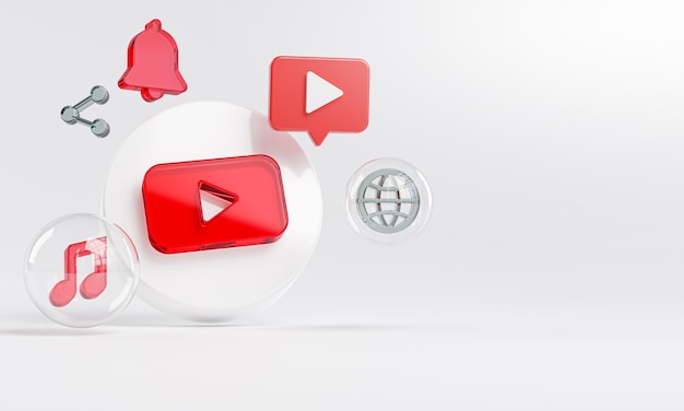 Logotipo de vidrio acrílico de Youtube e iconos de redes sociales Espacio de copia 3D