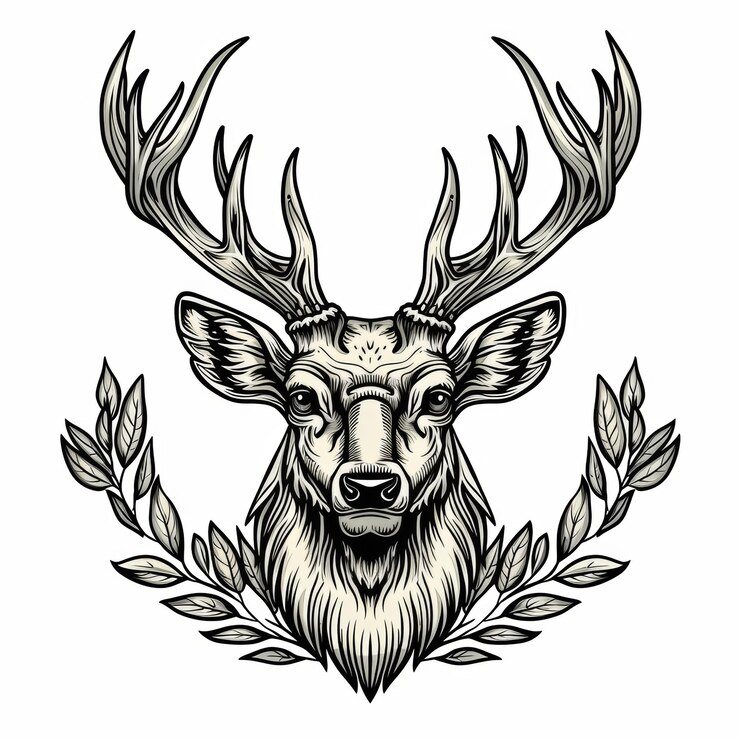 Foto logotipo vintage de corno de veado com moldura de coroa floral ornamentada em fundo branco