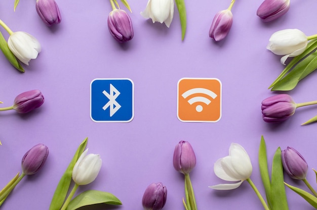 Logotipo wifi y tulipanes sobre fondo violeta.