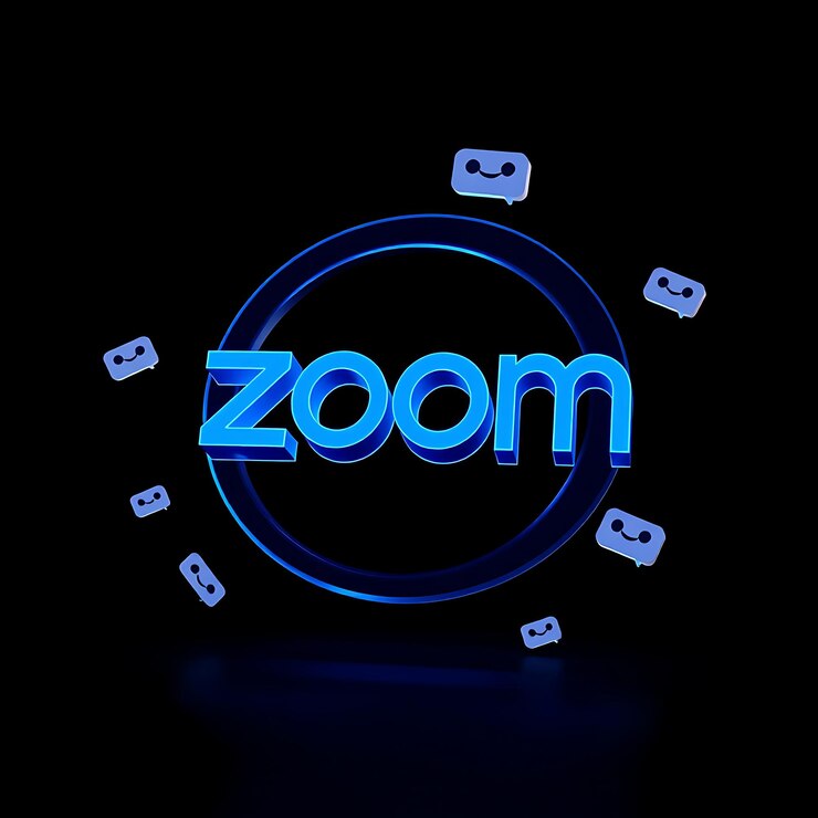 Foto logotipo de zoom 3d grabado en material azul transparente flotando en un ángulo bajo de 15 grados neon blu