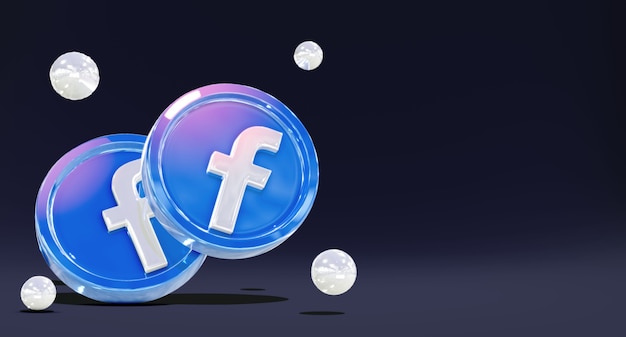 Logotipos de mídia social 3d brilhantes do facebook com modelo de moeda e fundo escuro