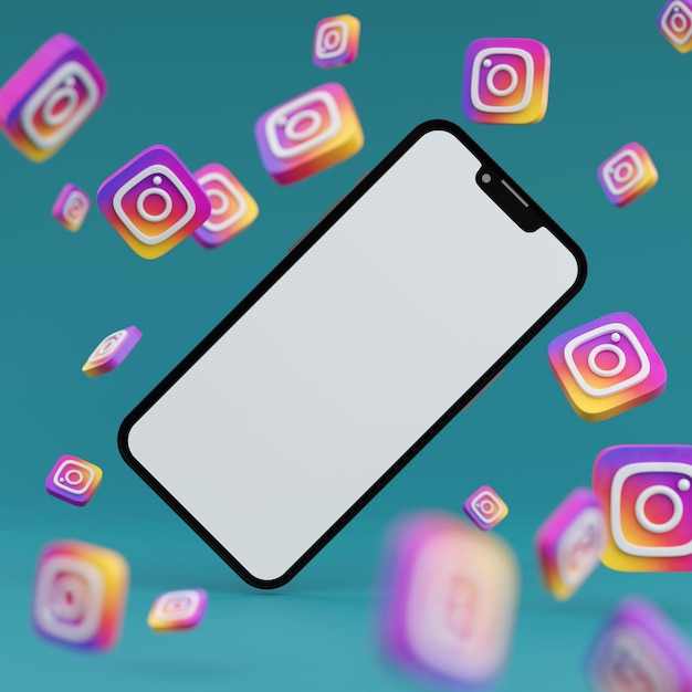 Logotipos de telefone e Instagram com design de mídia social de renderização em 3D de profundidade de campo