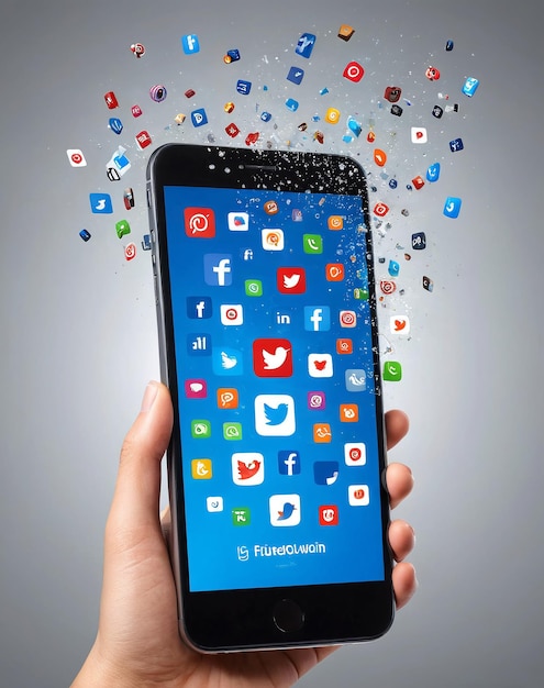 Logotipos de redes sociales teléfono inteligente una mano sosteniendo un teléfono inteligente con iconos sociales que salen o