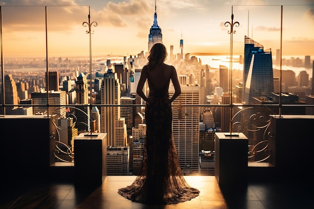 Logro Mujer de pie en un lujoso balcón disfrutando del éxito Generativo Ai