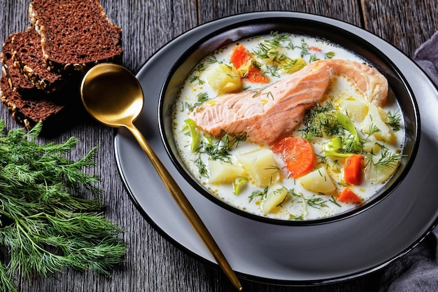 Lohikeitto, Lachsfischsuppe mit Sahne, Kartoffeln, Karotten, Lauch und Dill in einer schwarzen Schüssel auf einem dunklen Holztisch mit Roggenbrot, finnische Küche, klassisches Gericht, horizontale Ansicht von oben