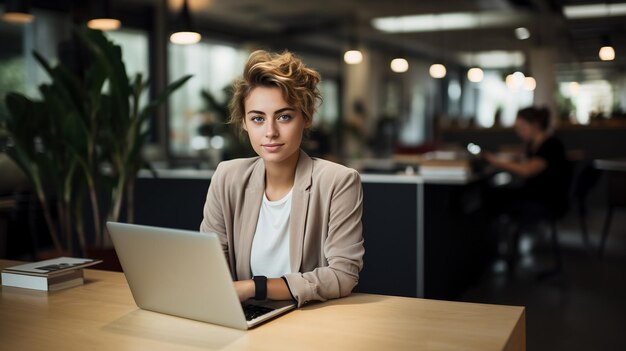 Loira de cabelos curtos jovem adulta funcionária de escritório ai gerado espaço de cópia de imagem de retrato