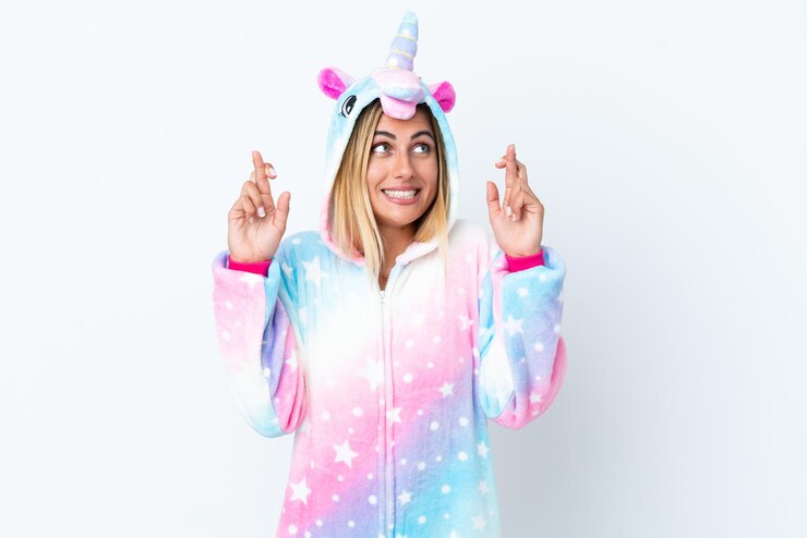 Foto loira uruguaia vestindo um pijama de unicórnio isolado no fundo branco com dedos cruzando
