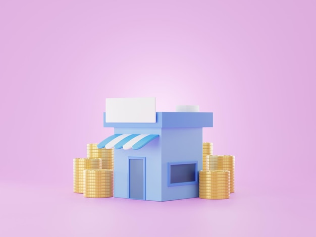 Loja azul cercada por moedas de ouro. conceito de investimento de fundo rosa, renderização profit.3d.