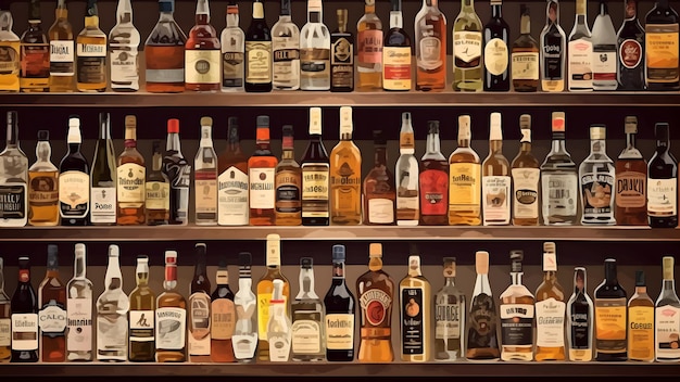 Loja de bebidas Variedade de garrafas de bebidas destiladas em uma imagem gerada pela rede neural de fundo de quadro completo de prateleiras